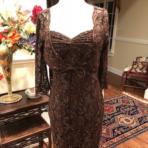 Carmen Marc Valvo  Brown Lace Beaded Dress 6 NWT